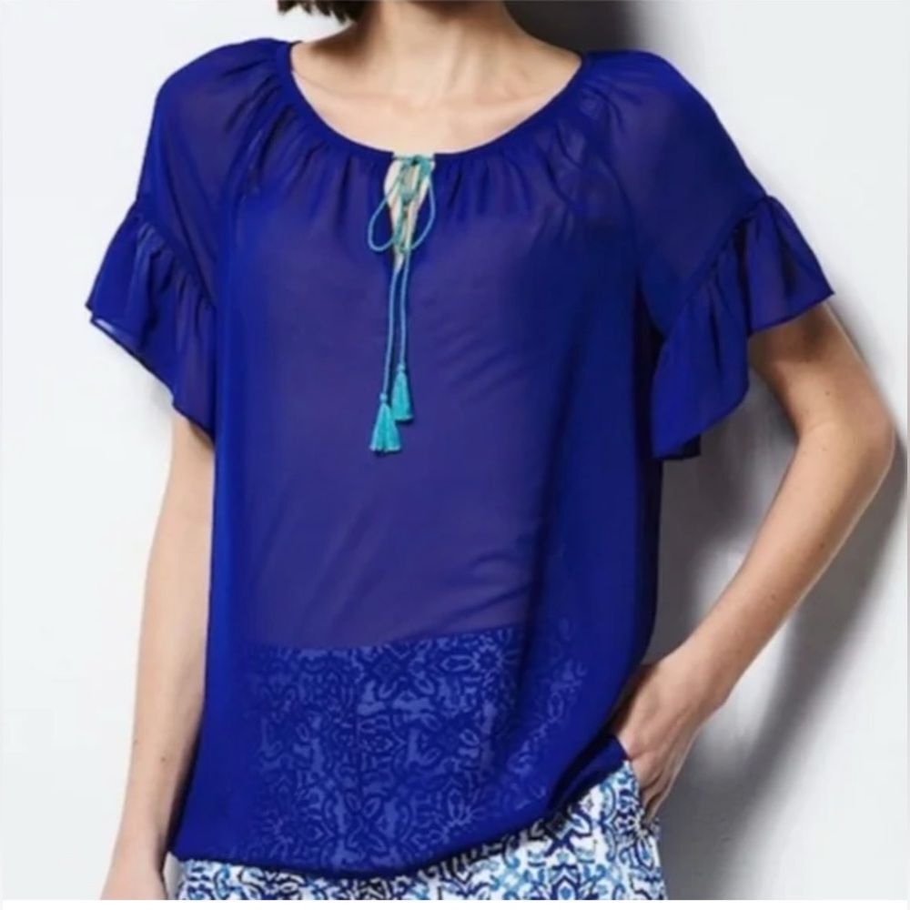 Milly For Design Nation Blue Sheer Chiffon Blouse Size M